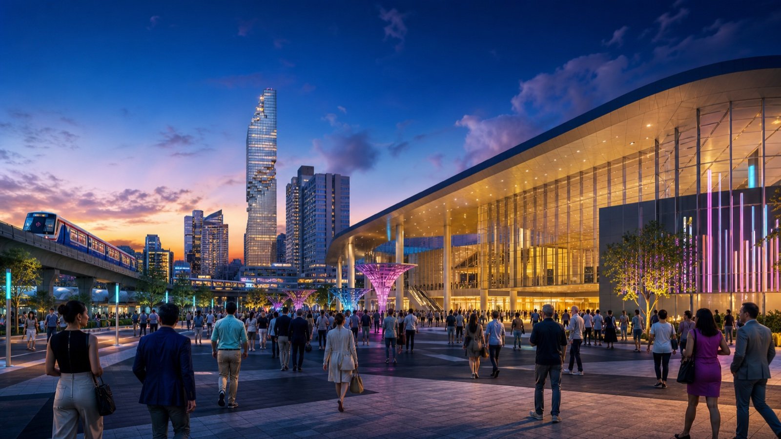 Editorial illustration of visitors arriving by public transit at a major Bangkok convention and cultural event
