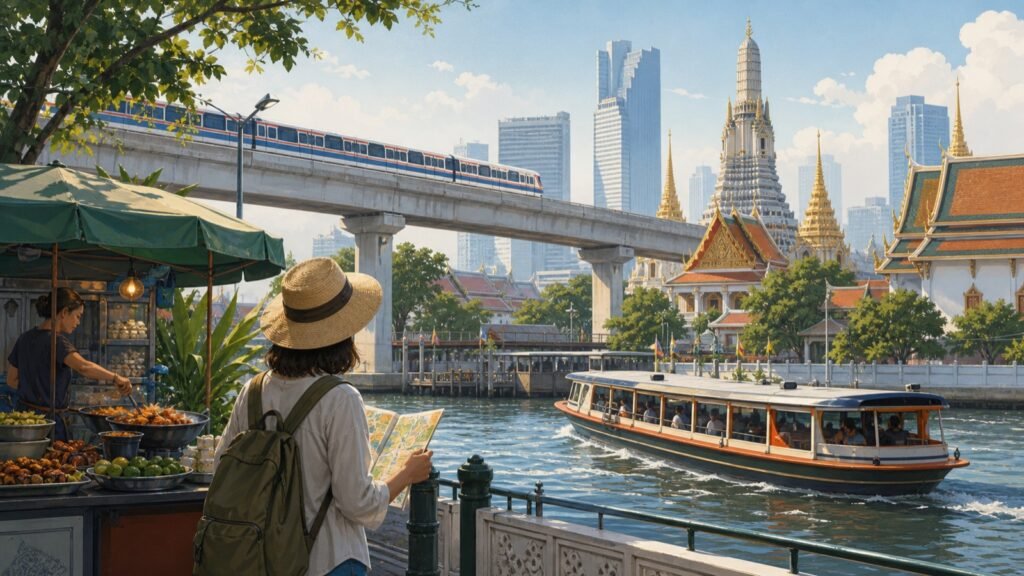Editorial illustration of a traveler beside the Chao Phraya River with an elevated train, river boat, temple roofs and street food
