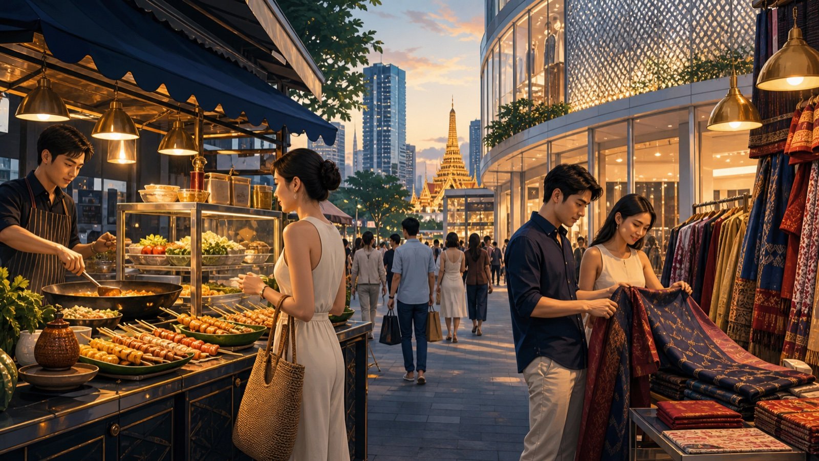 Editorial illustration of Bangkok street food, market textiles and modern shopping at early evening