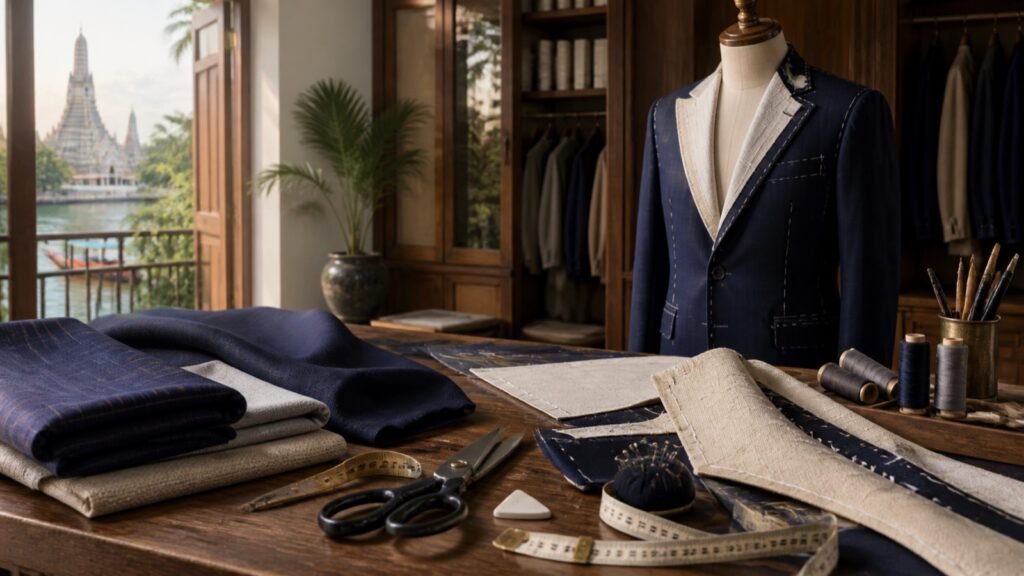 Editorial illustration of a Bangkok tailor workbench with cloth, shears, measuring tape, jacket canvas and a navy suit on a mannequin