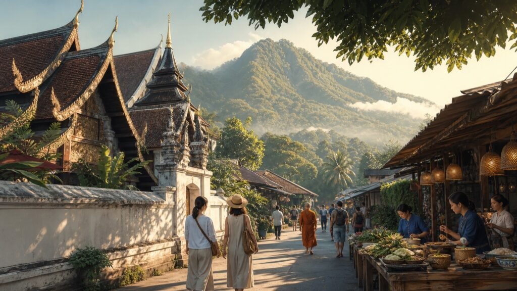 Editorial illustration of respectful visitors walking near a Chiang Mai temple, market and mountain landscape