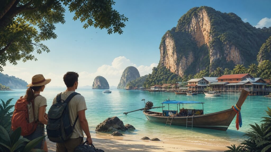 Editorial illustration of travelers preparing for a responsible boat day on a limestone coast in southern Thailand