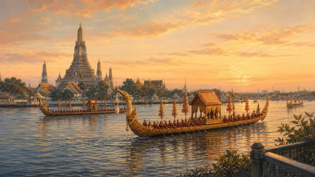 Editorial illustration of ceremonial royal barges on the Chao Phraya River near Wat Arun at sunset