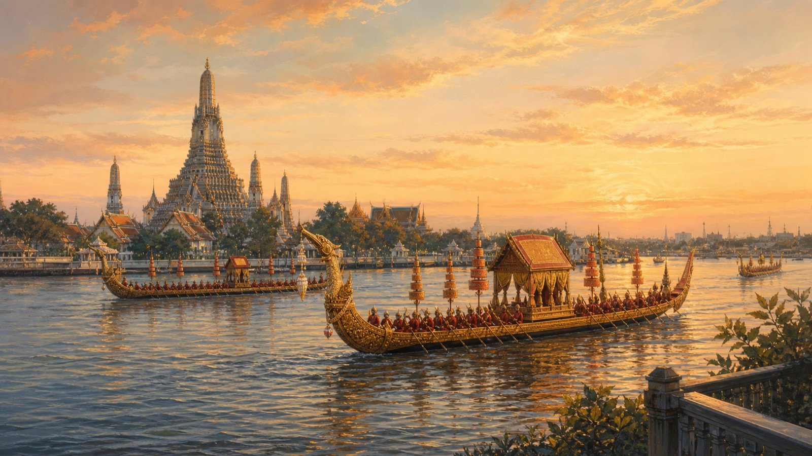 Editorial illustration of ceremonial royal barges on the Chao Phraya River near Wat Arun at sunset