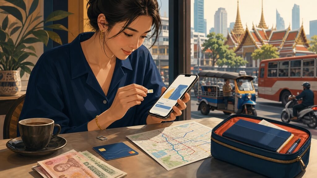 Editorial illustration of a visitor organizing a SIM card, phone, payment cards and Thai cash in Bangkok