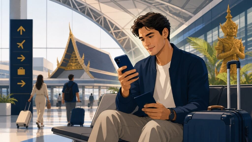 Editorial illustration of an international traveler reviewing arrival information on a phone at a Bangkok airport