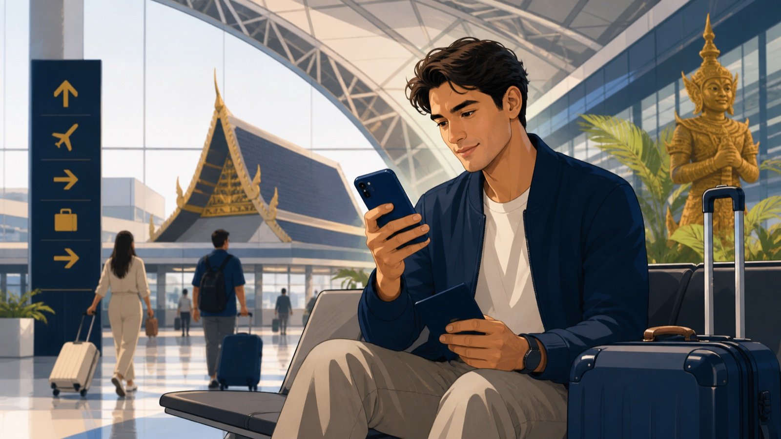 Editorial illustration of an international traveler reviewing arrival information on a phone at a Bangkok airport