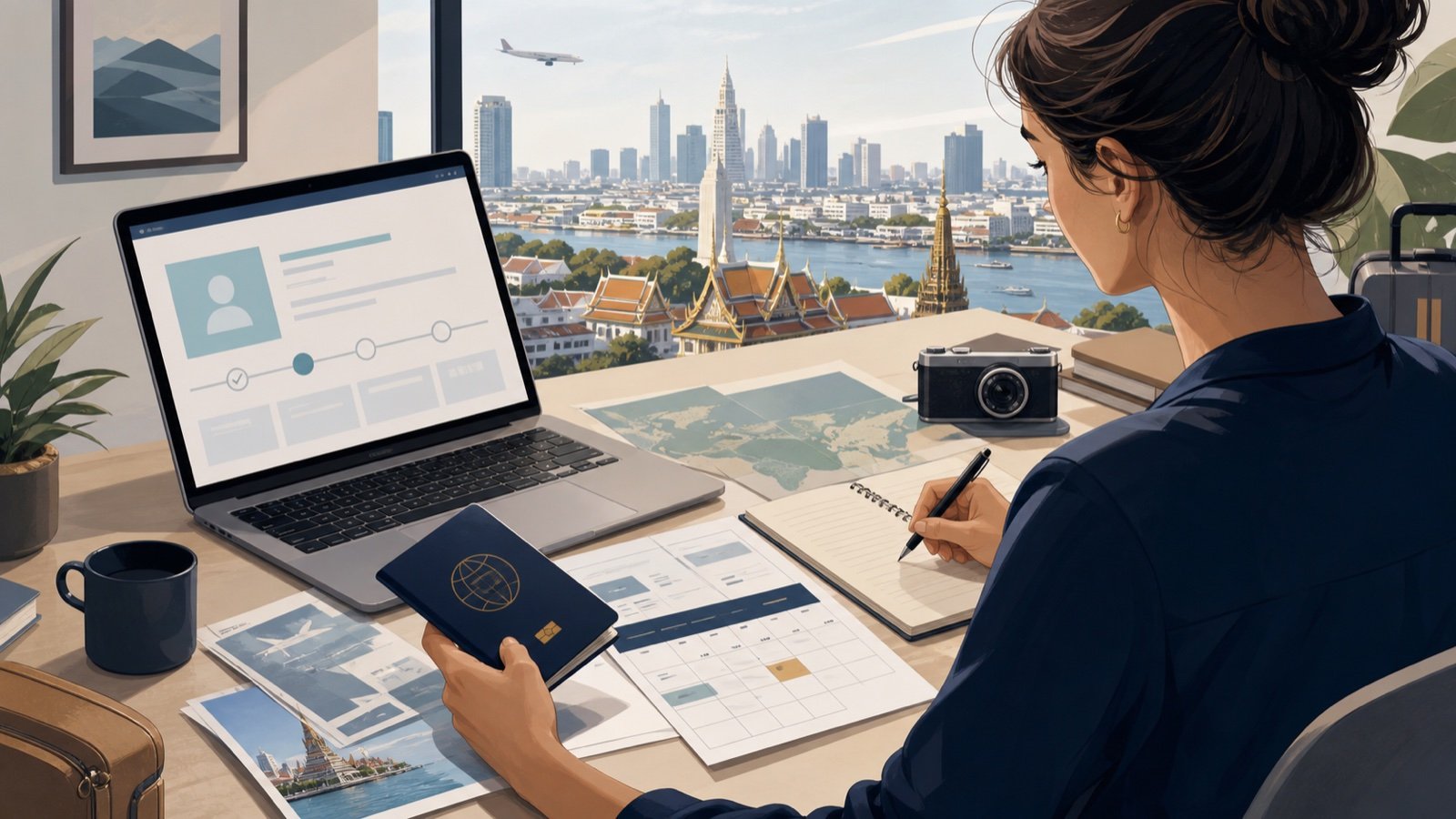 Editorial illustration of a traveler preparing passport and visa information before a Thailand trip